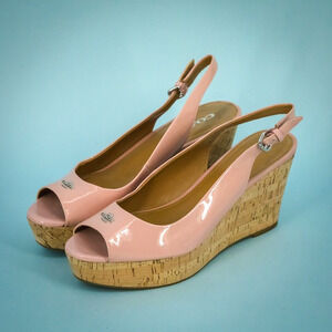 Coach Size 9.5 Ferry Pink Patent Leather Peep Toe Slingback Cork Platform Sandal